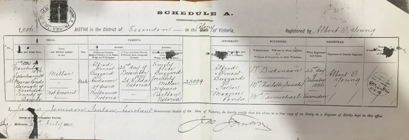 Millar’s Birth Certificate 1886